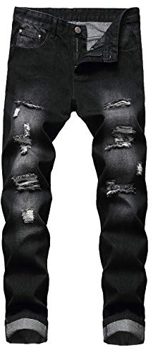 Qimyum Rivna och slitna jeans för herr, smal passform, denimbyxor med raka ben, Svart, 46
