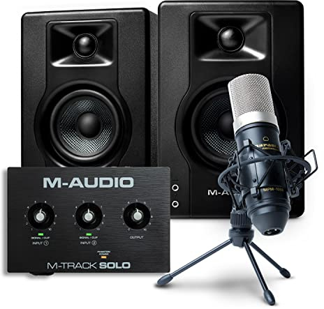 M-Audio Pack d’Enregistrement, Streaming et Podcasting – M-Track Solo Interface Audio USB, Enceintes BX4 et Marantz MPM-1000 Microphone à Condensateur