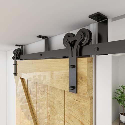 CCJH 6FT/180cm Schiebetürbeschlag Set Schiebetürsystem Deckenmontage Klammern Schwarz komplettes Set mit Y Form Laufrollen und Hängeschiene
