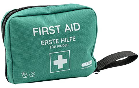 FLEXEO Erste Hilfe Set Kinder, Reiseapotheke Kinder gefüllt mit 47 Inhaltsteilen, Schere, Erste Hilfe Tasche Baby für unterwegs, Notfallset mit Fingerpuppe und Tapferkeitsstickern, Notfalltasche