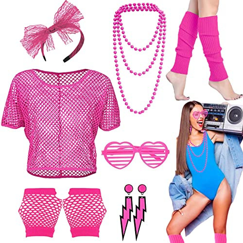 HEAWAA 7 Stück 80er Jahre Outfit Damen, 80er 90er Kleidung Kostüm Neon Accessoires mit Netzshirt Netzhandschuhe Stirnband Ohrring Halskette Beinwärmer für Mädchen Mottoparty Karneval Fasching