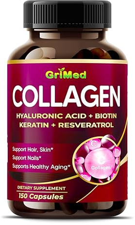 GriMed Organic Collagen 6,419 mg with Hyaluronic Acid, Biotin, Keratin, Resveratrol Hair Skin, Nails Vitamins (150 Count (Pack of 1))