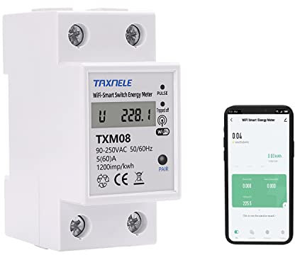 Contador de energía inteligente Wi-Fi Din Rail AC 90-250V 110V 230V 60A Amperímetro Voltímetro Multímetro Compatible con Alexa Google Home, Control remoto con la aplicación Smart Life Tuya