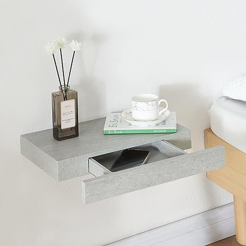 [en.casa] Mensola con Cassetto Consolle da Parete Mensola da Muro Comodino Sospeso con Cassetto Integrato 39,5 x 25 x 5 cm - Effetto Cemento