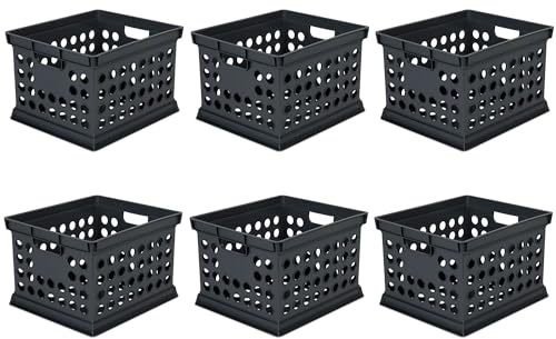 Sterilite Stackable Plastic Storage Crate Bin Organizer File Box with Handles for Home, Office, Dorm, Garage, or Utility Organization, Black, 6-Pack