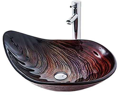 Künstlerisches Glas-Waschbecken, ovales Glas-Waschbecken, Aufsatz-Einbau-Badezimmer-Waschbecken mit verchromtem Wasserhahn und Pop-up-Ablauf