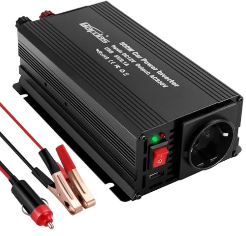Bapdas 500W Wechselrichter DC 12 V auf AC 230 V Spannungswandler，USB-Anschlüssen (2,4A) für Auto, Wohnwagen, Camping, Laden von Handys, Laptops und Anderen Geräten