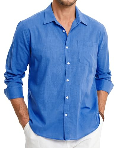 HISDERN Men's Blue Linen Shirt Long Sleeve Lightweight Button Up Regular Fit Casual Summer Shirts with Pocket XXL