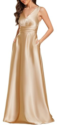 Ever-Pretty Robe de Demoiselle d'honneur Femme Satin Poches Col V Taille Empire sans Manches Champagne 38