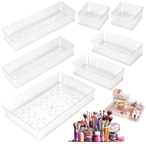 Houkiper Drawer Organiser, 7 Pack Clear Drawer Dividers Makeup Organisers Trays, 4 Size Acrylic Storage Bins for Cosmetic Stationery Gadgets, Draw Organiser for Bedroom Bathroom Office