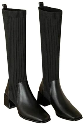 ZBDZSW Botas largas de punto para otoño e invierno, calcetines hasta la rodilla, zapatos de moda para mujer, tacones altos, retro, elásticas, botas para mujer, Black, 39 EU