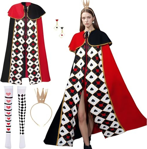 Boyigog Cape en forme de cœur pour adulte - 6 pièces - Costume de reine pour femme avec cœur rouge et noir - Cape, couronne, serre-tête, boucles d'oreilles, chaussettes, reine de cosplay, costume pour