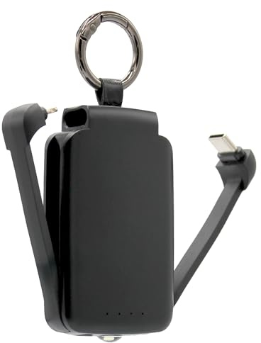 FISHTEC - 3-i-1 2000 mAh fickladdare - integrerad typ C och Lightning-kablar - Power Bank nyckelring - 5V/1A-utgångar - uppladdningsbart litiumbatteri - LED-nödficklampa för resor och kontor