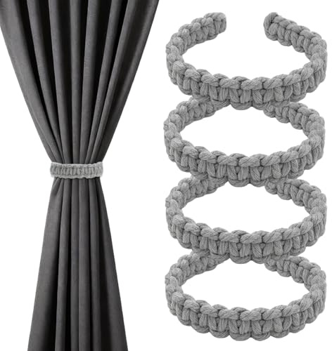 TAIVIN 4 Pezzi Fermatende Intrecciati in Corda di Canapa,Cravatte per Tende Stile Bohémien Rustico,Tende Cucina per Casa,Camera da Letto,Esterni (Grigio)