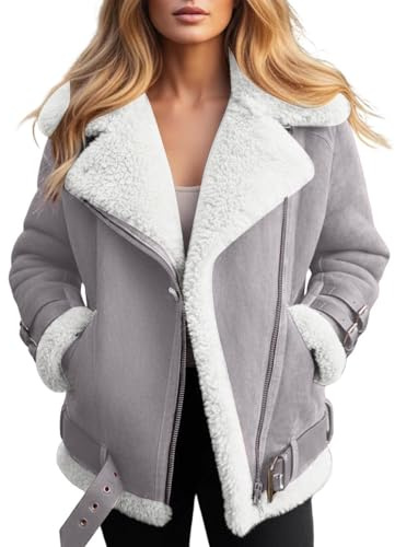 Manteaux Femme d'hiver Blouson Daim Simili Mouton Imitation Veste Chaude Retro Moto Manteau Grande Taille Veste Femme Mi Saison Doudoune avec Poches Et Zippé