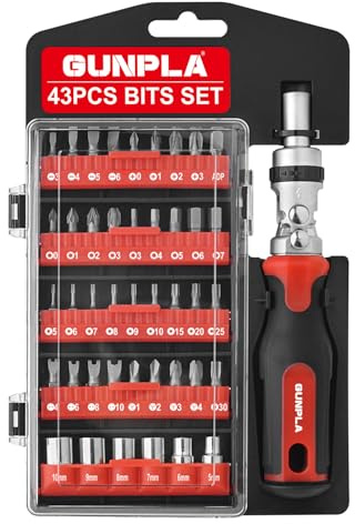 GUNPLA 43-Piece Ratchet Screwdriver Set, 1/4 Drive Ratcheting Handle with 90° Reversible Head, Includes Torx, Phillips, Flathead, Pozidrive & Hex Bits, for DIY & Electronics Repair