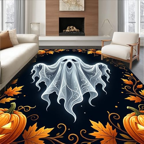 Low Pile Flatwoven Area Rug 5x7, Spooky Ghost Punch Needle Embroidery Kit With Autumn Festive Motif, Machine Washable, Stain Resistant Indoor Rug for Living Room, Bedroom, Non Slip(Black, 5x7)