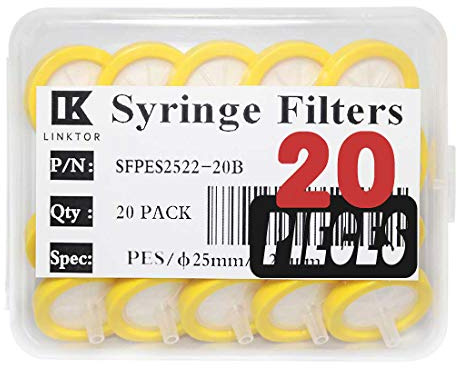 LINKTOR Sprutfilter PES (polyetersulfon) hydrofil filtrering, allmän luer kona 25 mm diameter 0,22 um porstorlek icke steril, paket med 20 ..