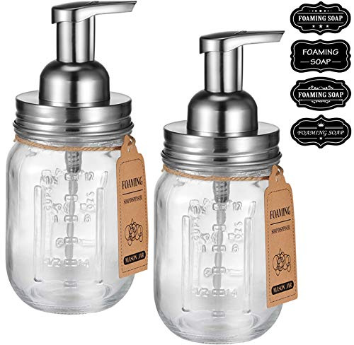 Mason Jar Foaming Soap Dispenser -Rustproof Stainless Steel Lid/BPA Free Foam Pump-Waterproof Chalkboard Labels-Farmhouse Decor Bathroom Accessories,Refillable &Eco Friendly -Brushed Nickel (2 Pack)