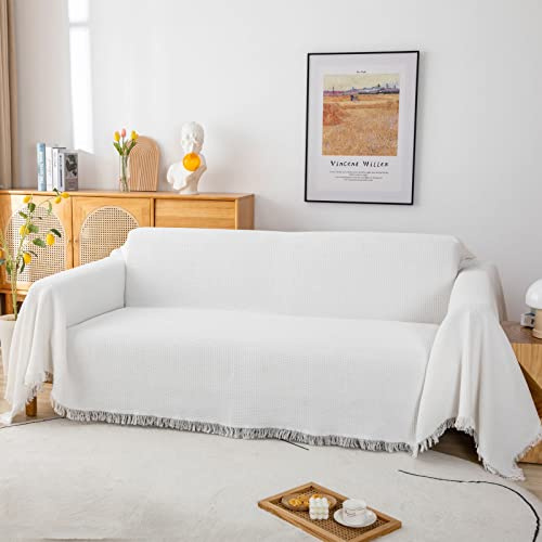 GAOWEI Sofa überwurfdecke Waffel Tagesdecke mit Quasten,Premium Wendedecke als Bettüberwurf Sofaüberwurf Couchdecke oder Wohnzimmerdecke extra-groß180 x 300cm Weiß