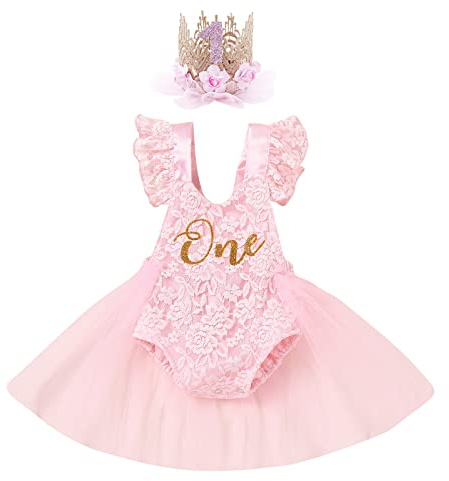 Bébé Filles Mon 1er Premier Anniversaire Robe Tutu Manches Volants Dentelle Barboteuse Photographie Tenue Bandeau à Couronne Cadeau Rose Clair 12-18 Mois
