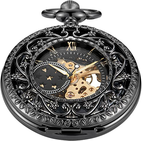 Tiong Black Openwork Star Mechanical Pocket Watch for Men,Men's Roman Numerals Black Dial with Chain Pendant Gifts