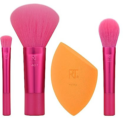Real Techniques Lot de 4 mini pinceaux Holidaze édition limitée + éponge, pinceau de maquillage et éponge de maquillage pour fond de teint, poudre et fard à paupières, outils de maquillage de voyage,