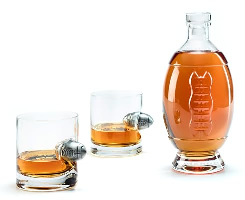 40YARDS Amerikansk fotbollswhisky-set: 2 x whiskyglas med metallfotboll (300 ml) karaff i amerikansk fotbollsform (750 ml)
