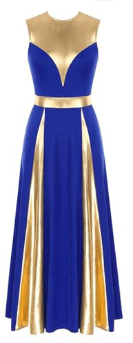 Nyeemya Damen Metallic Tanzkleider Eiskunstlauf-Kleid Ärmellos Trikot Lob Lyrisch Maxikleid Gymnastikanzug Tanzkostüm Blau M