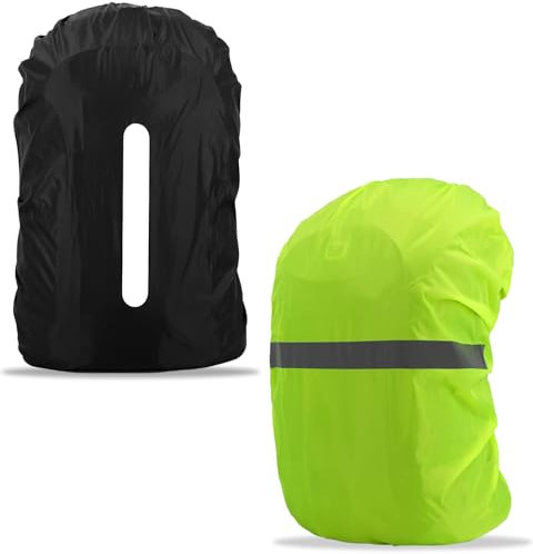 TRUEIN Waterproof Backpack Cover, 2 Pack 18-30L Rucksack Rain Cover, Reflective Backpack Cover, High Visibility Bag Cover with Reflective Stripes for Cycling, Travel, Climbing (Black Green)