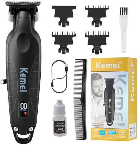 KEMEI 2293 - Recortadora profesional de pelo y barba para hombre, sin huecos, para peluquería con hoja en T, recargable inalámbrica, color plateado