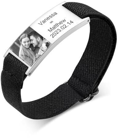 Armband Herren mit Gravur - Personalisierte Nylon Elastische Strap Armbänder mit Graviert Namen Text Foto für Männer Frauen Jungen, Geschenke Geburtstag Vatertag Abschlussfeier Weihnachten