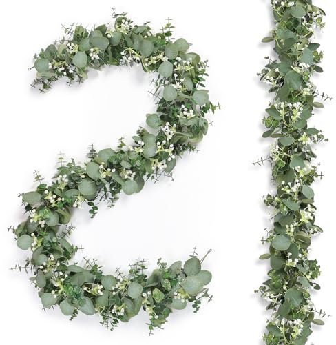 Betylifoy Artificial Eucalyptus Garland Artificial Greenery Garland 2PCS 5.9Ft Fake Foliage Faux Hanging Greenery Vines Fake Garlands for Outside Wedding Table Decor (Green with flower-2PCS)