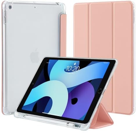 4UBonLife Case for iPad 9th/8th/7th Generation Case 10.2 inch 2021/2020/2019 with Pencil Holder, Slim Lightweight Smart Case Soft TPU Translucent Frosted Back Cover Shell for iPad 9/8/7, Rose Gold