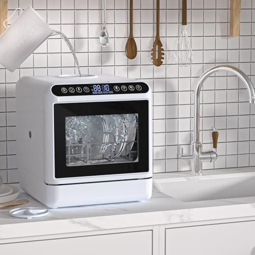 Table Top Dishwasher, Portable Mini Countertop Dishwashers with 5L Water Tank, Smart Tabletop Dishwasher for Small Kitchen, 5 Place Settings, 3 Spray Arm, Air Dry Function, High Temp Cleaning White