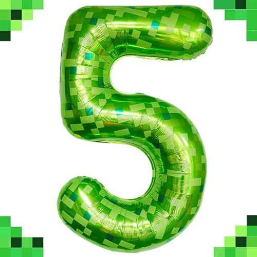 Tourima Riesige Grüne Pixel Miner Thema Folienballon 5, Mining Große Zahlen Luftballon 5 Geburtstag Junge Mädchen, 100 CM 40 Zoll XXL Helium Ballon 5, Luftballon Zahlen Groß, Luftballon 5 Jahre