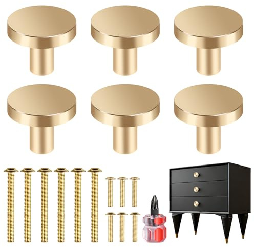 Itharon Set di 6 Pomelli per Mobili a Foro Singolo in Lega di Alluminio – Pomelli Dorati per Armadi, Comò e Cassetti, con Mini Cacciavite e Accessori di Montaggio (Oro)
