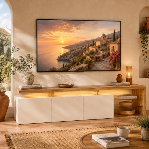 MGMYM TV-Schrank Lowboard 200 cm mit Beleuchtung, TV-Board, Fernsehtisch, Fernsehschrank mit 2 Glasböden und 3 Türen, Wohnzimmermöbel, Hochglanz weiß und Natur Holzmaserung, I-Schwarz-200x39x42cm