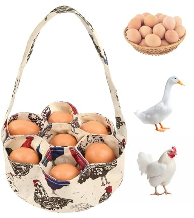 JEXOWIQ Cesta de Recogida de Huevos con 7 Bolsas, Cesta de Recogida de Huevos de Tela Portátil, Bolsas de Recogida de Huevos con Mango, Cesta de Recolección de Huevos para Recoger Huevos Frescos