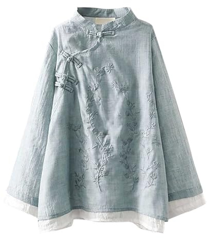 WWricotta Camicia in Lino con Bottoni Ricamata per Donna, Abbigliamento da tè Zen Cinese, vestibilità Ampia, Scollo Rotondo a Contrasto/A