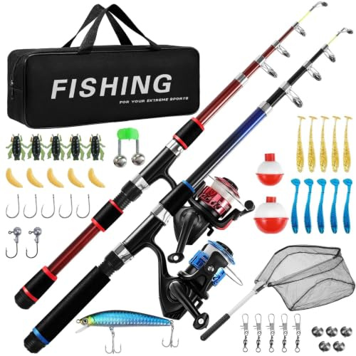Auniq 2Pcs Juego de caña de Pescar, 1.8m Caña de Pescar combinada con Carrete telescópico de Fibra de Carbono con línea/Accesorios de señuelos/Bolsa de Transporte, para Viajes, Agua Salada o Dulce
