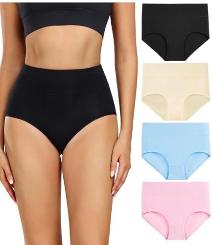 wirarpa Womens Cotton Underwear 4 Pack High Waist Briefs Light Tummy Control Ladies Comfort Stretch Panties Underpants Size L Multicolored