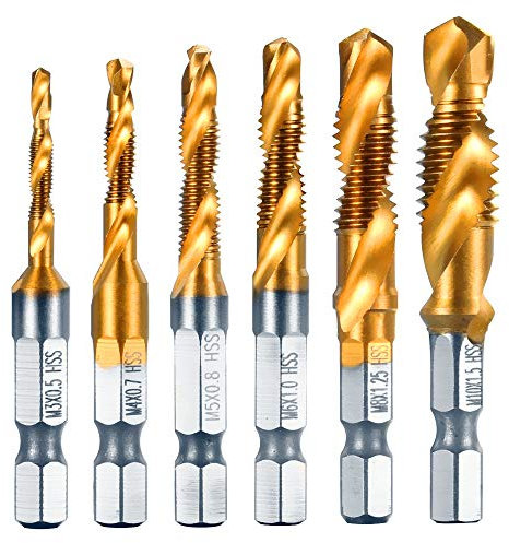 Newder-eu Kombi Bohrer Gewindebohrer, 6 tlg 1/4 HSS M3-M10 Schraube Sechskantschaft Senker Werkzeuge Maschinengewindebohrer Set für Holz Kunststoff Dünnes Aluminium, Nicht für Hartes Metall