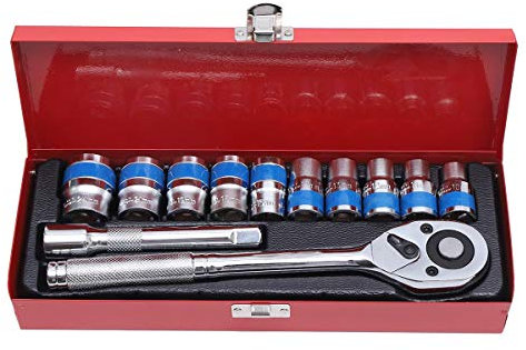 KATSU Set di Chiavi a Bussola 1/2 12 Pezzi 10-24mm in Cassa d'Acciaio, Unità Metrica con Chiave a Cricchetto a Sgancio Rapido da 24 Denti e Barra di Prolunga da 5 Riparazione automatica 420346