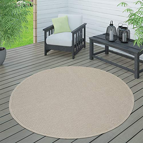Paco Home In- & Outdoor Teppich wetterfest für Garten, Terrasse & Balkon flachgewebt in Moderner Sisaloptik einfarbig pflegeleicht & UV-beständig, Grösse:160 cm Rund, Farbe:Beige