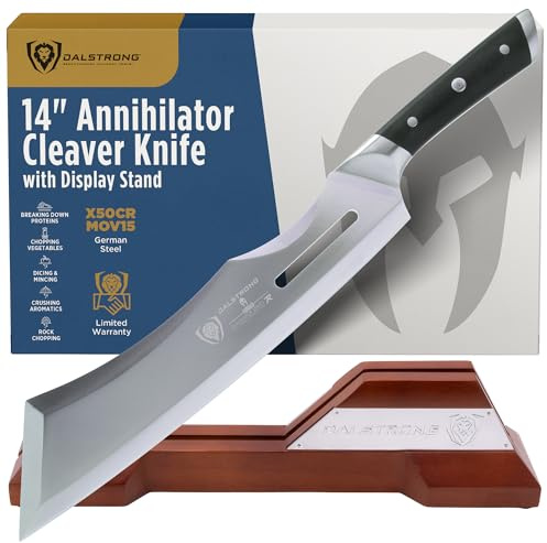 Dalstrong Annihilator 14 Meat Cleaver — 6mm Thick, 2.9 lbs, 7CR17MOV Carbon Steel (60 HRC), Full-Tang G-10 Handle — For Whole-Animal Butchering, BBQ Pitmasters & Serious Kitchens — Wood Stand