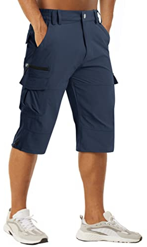 MAGCOMSEN Snabbtorkande arbetsshorts för män utomhus 3/4 capribyxor blixtlåsfickor vandring klättring shorts, Marinblått Xsp, 44 SE