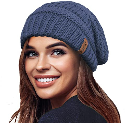 TOSKATOK Ladies Warm Slouch Knit Winter Beanie Hat with Supersoft Velour Thermal Lining ski Cap-Denim