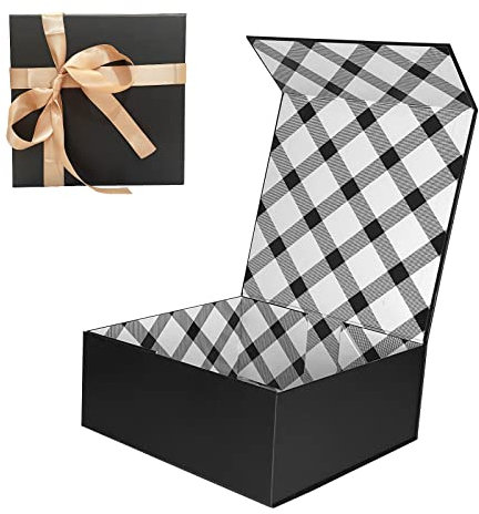 Tekhoho Schwarze Geschenkbox 21,5x21,5x9cm, Premium Geschenkbox mit Magnetdeckel und Schleife für Feiertage Hochzeit Geburtstag Geschenkverpackung, Kariertes Futter