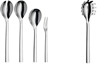 WMF Nuova Servierteile Set 4-teilig, Salatbesteck, Servierlöffel, Serviergabel, Cromargan Edelstahl, spülmaschinengeeignet & Nuova Nudellöffel 30 cm, Spaghettilöffel, Nudelkelle, Cromargan Edelstahl